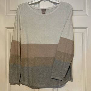 Chicos Women’s Long Sleeve Stripe Sweater Size L Cream/Pink/Gray/Gold